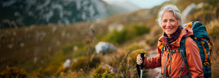 Senior woman hiking in the mountains with backpack and trekking poles.の素材