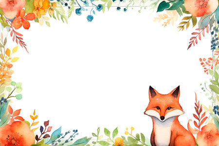 Watercolor foxes and flowers border on white background. Hand painted illustrationの素材