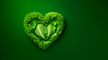 Heart made of kale leaves on green background. Healthy food concept.の素材