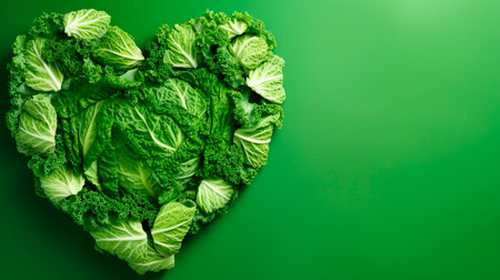 Heart made of savoy cabbage leaves on green background, top viewの素材