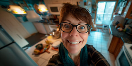 Portrait of a beautiful woman with glasses in the kitchen at homeの素材
