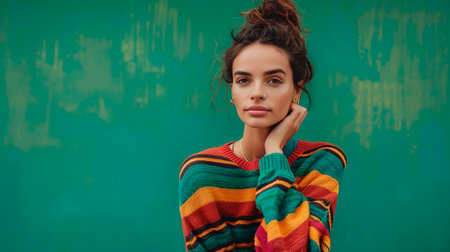 Portrait of a beautiful young woman in a colorful sweater on a green backgroundの素材