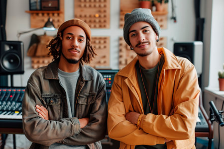 portrait of two african american musicians standing with crossed arms in studioの素材
