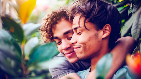 Gay couple hugging in the garden. LGBT love and relationships concept.の素材