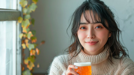 Close up portrait of young asian woman drinking beer at home.の素材
