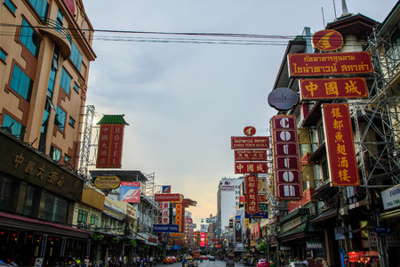 CHINATOWN, BANGKOK, THAILAND - CIRCA MAY, 2015:  Cars and shops on Yaowarat road, the main street of China town.のeditorial素材