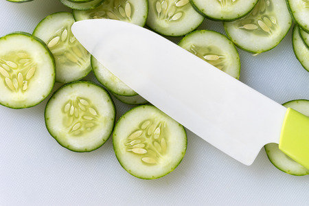 Pile of green cucomber slices, close upの写真素材