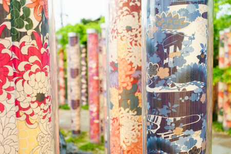 KYOTO, JAPAN - CIRCA AUGUST, 2016: Kimono fabric display at Hankyu Arashiyama railway station.のeditorial素材