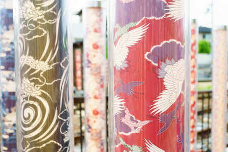 KYOTO, JAPAN - CIRCA AUGUST, 2016: Kimono fabric display at Hankyu Arashiyama railway station.のeditorial素材