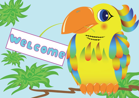 colorful parrot holds in its beak a sign with an invitationのイラスト素材