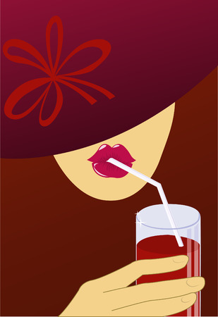 A woman in a dark red hat drinks through a straw red drinkのイラスト素材