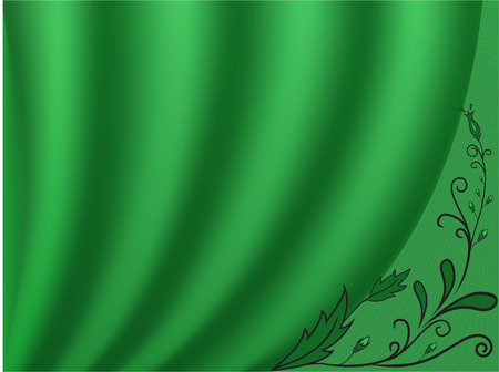 A green curtain with floral ornaments at the bottom left cornerのイラスト素材