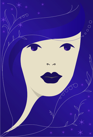 The girl's face on a blue background with thin twigsのイラスト素材