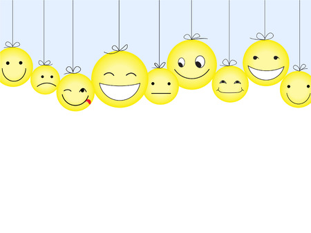 yellow emoticons of various sizes hanging by a threadのイラスト素材