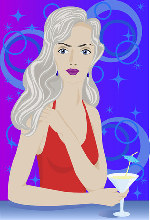 Beautiful girl with a glass of martini on an abstract blue backgroundのイラスト素材