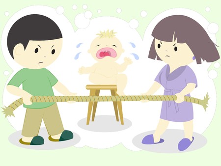 wife quarrel over tight rope and crying childのイラスト素材