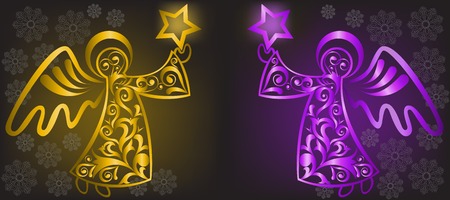 two shimmering Christmas angel with stars on a black backgroundのイラスト素材