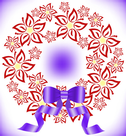 round wreath of red flowers with a purple bowのイラスト素材