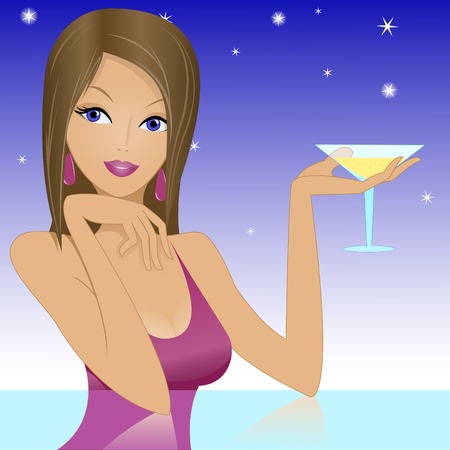 beautiful brunette with a glass of the glass table in the twilightのイラスト素材