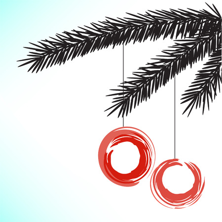 black silhouette of a fir branch with two red ballsのイラスト素材