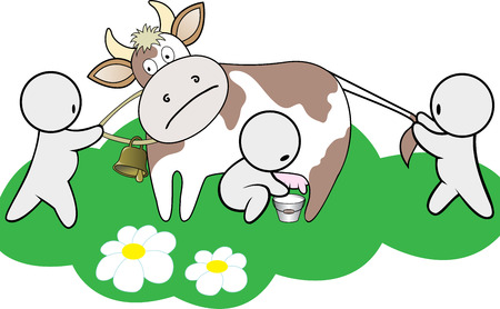 three cartoon man shared a cow on a green lawnのイラスト素材