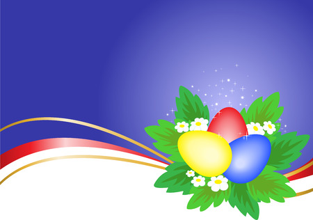 three multi-colored Easter eggs on a blue background with wavy ribbonsのイラスト素材