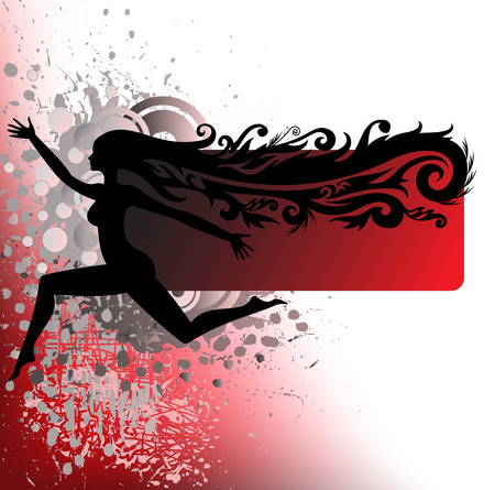 black silhouette of a girl traveling on a red background stainedのイラスト素材