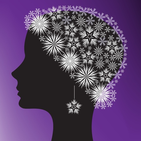 black silhouette of a woman's head in a cap of snowflakesのイラスト素材