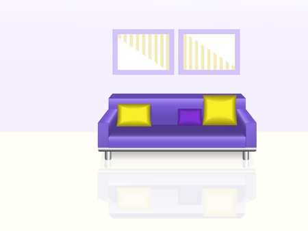 stylish purple couch with yellow pillows and two paintingsのイラスト素材