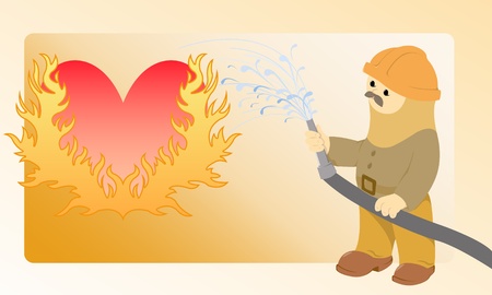 The moustached firefighter pours water from a hose flaming heartのイラスト素材