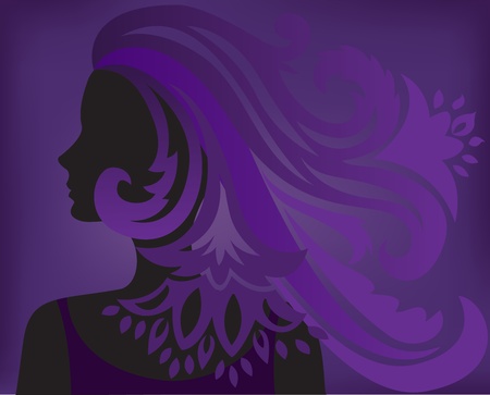 silhouette of a woman with fluffy hair on purple backgroundのイラスト素材