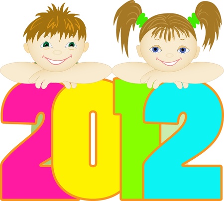 boy and girl look out the large numbers のイラスト素材