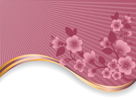 abstract background with pink flowering branches on a golden waveのイラスト素材
