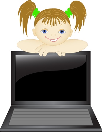 smiling girl  looks from behind of the open laptopのイラスト素材