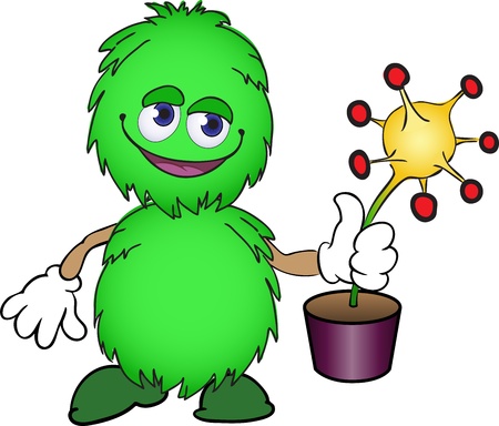 cute fluffy green creature with a yellow plant in a potのイラスト素材