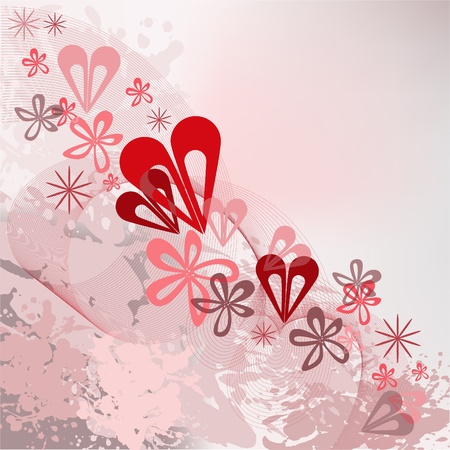 abstract splattered background with a diagonal ornamentation of flowers and heartsのイラスト素材