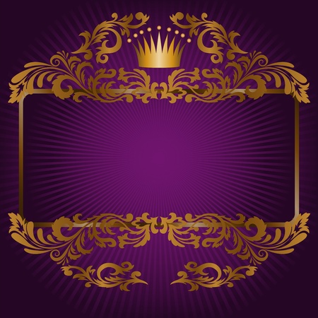 great frame of gold ornaments and a crown on a purple backgroundのイラスト素材