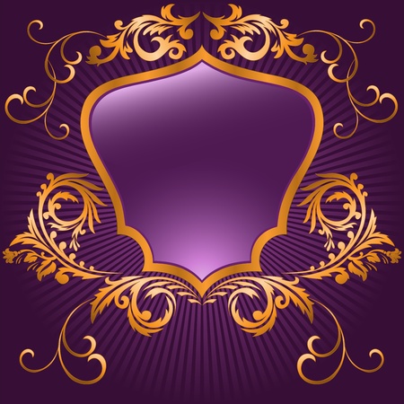 shaped shield in a gilded frame  on purple backgroundのイラスト素材