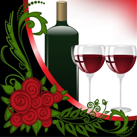 bottle and two glasses of wine on black and white backgroundのイラスト素材