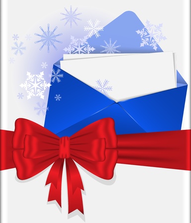 blue envelope with snowflakes tied with red ribbon with  bowのイラスト素材