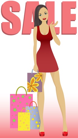 beautiful girl in short dress with shopping bags on saleのイラスト素材