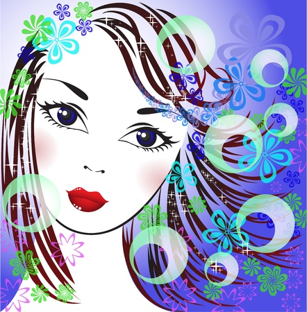 portrait of a beautiful girl on a blue background with flowers in her hairのイラスト素材