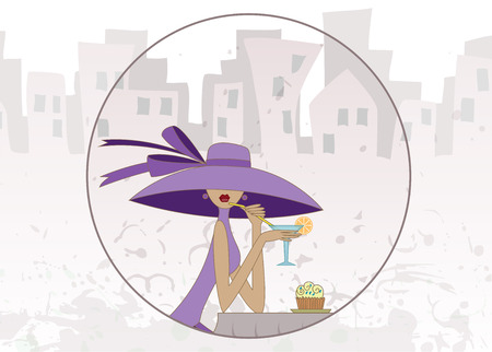 girl in a hat sits in cafe against the old cityのイラスト素材