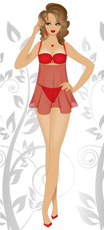 beautiful girl in red underwear on floral  ornamentのイラスト素材