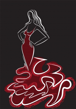 silhouette of the slender woman in long red dress on a black backgroundのイラスト素材