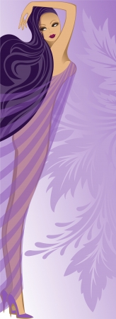 beautiful sexy girl with long hair on a lilac ornamentのイラスト素材