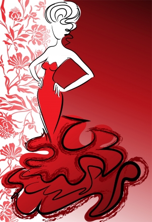 silhouette of the slender woman in a long red dress on a flower backgroundのイラスト素材
