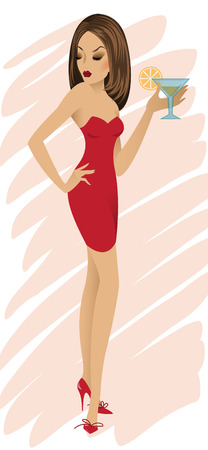 the beautiful girl in a red dress drinks cocktailのイラスト素材