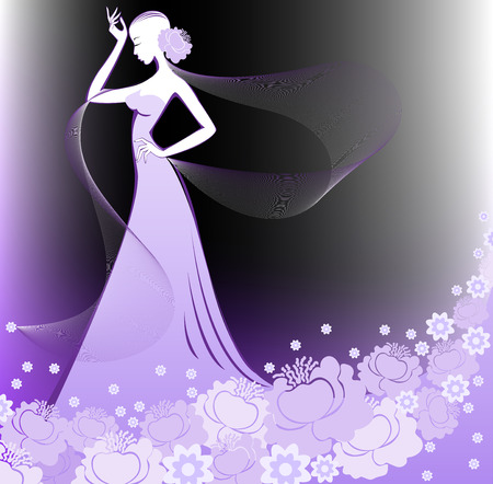 woman in a long purple flower dress on black backgroundのイラスト素材