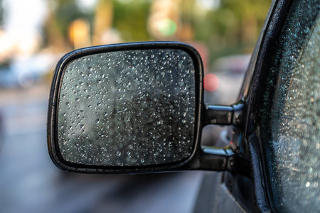 Water droplets on car mirrorの写真素材